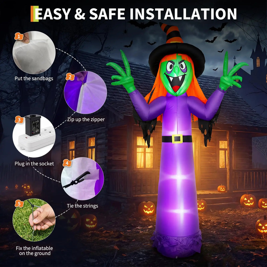 Leuchtende Hexen-Halloween-Dekoration zum Aufblasen – Riesige beleuchtete Garten-Deko mit integrierten LED-Lichtern