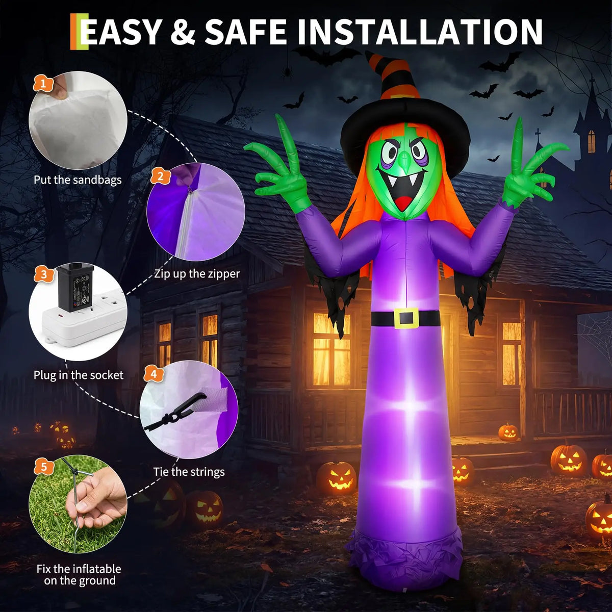 Leuchtende Hexen-Halloween-Dekoration zum Aufblasen – Riesige beleuchtete Garten-Deko mit integrierten LED-Lichtern