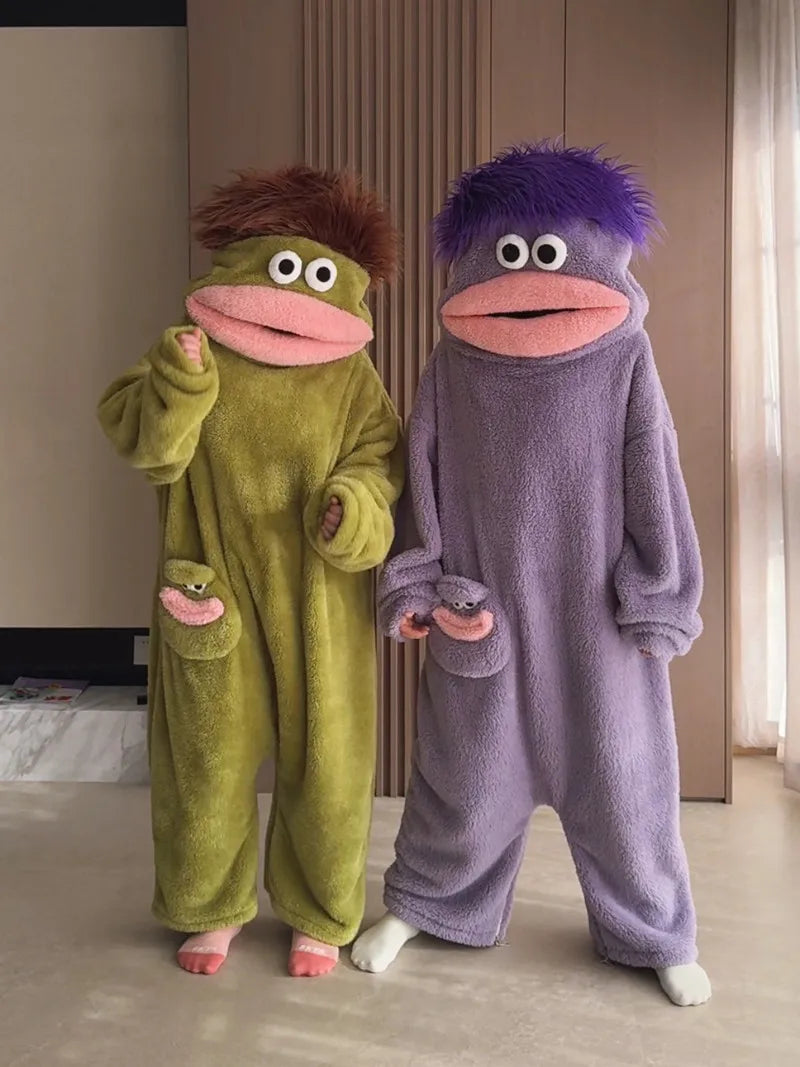 Funny Monster Onesie – Thick Coral Fleece Winter Pajamas for Adults & Couples