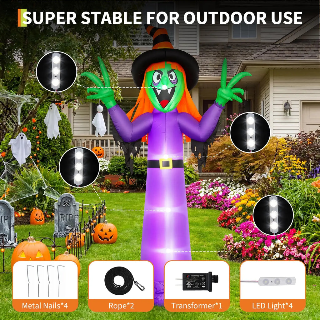 Leuchtende Hexen-Halloween-Dekoration zum Aufblasen – Riesige beleuchtete Garten-Deko mit integrierten LED-Lichtern