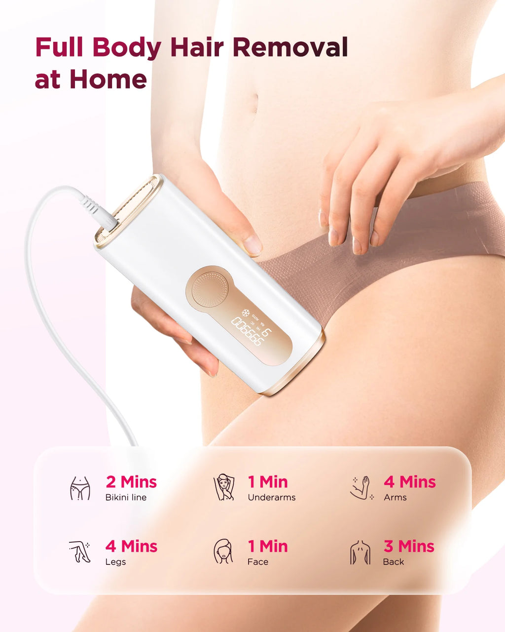 Dauerhafte, schmerzfreie IPL-Laserhaarentfernung für Körper, Bikinizone und Gesicht