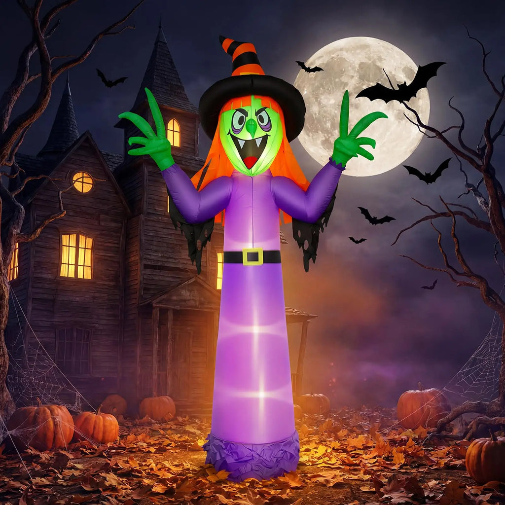 Leuchtende Hexen-Halloween-Dekoration zum Aufblasen – Riesige beleuchtete Garten-Deko mit integrierten LED-Lichtern