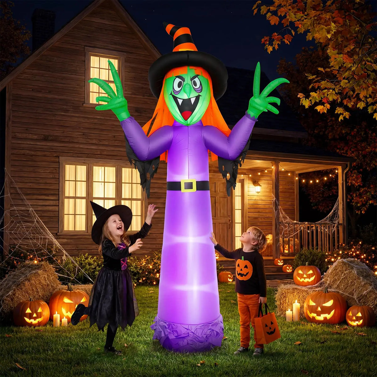 Leuchtende Hexen-Halloween-Dekoration zum Aufblasen – Riesige beleuchtete Garten-Deko mit integrierten LED-Lichtern